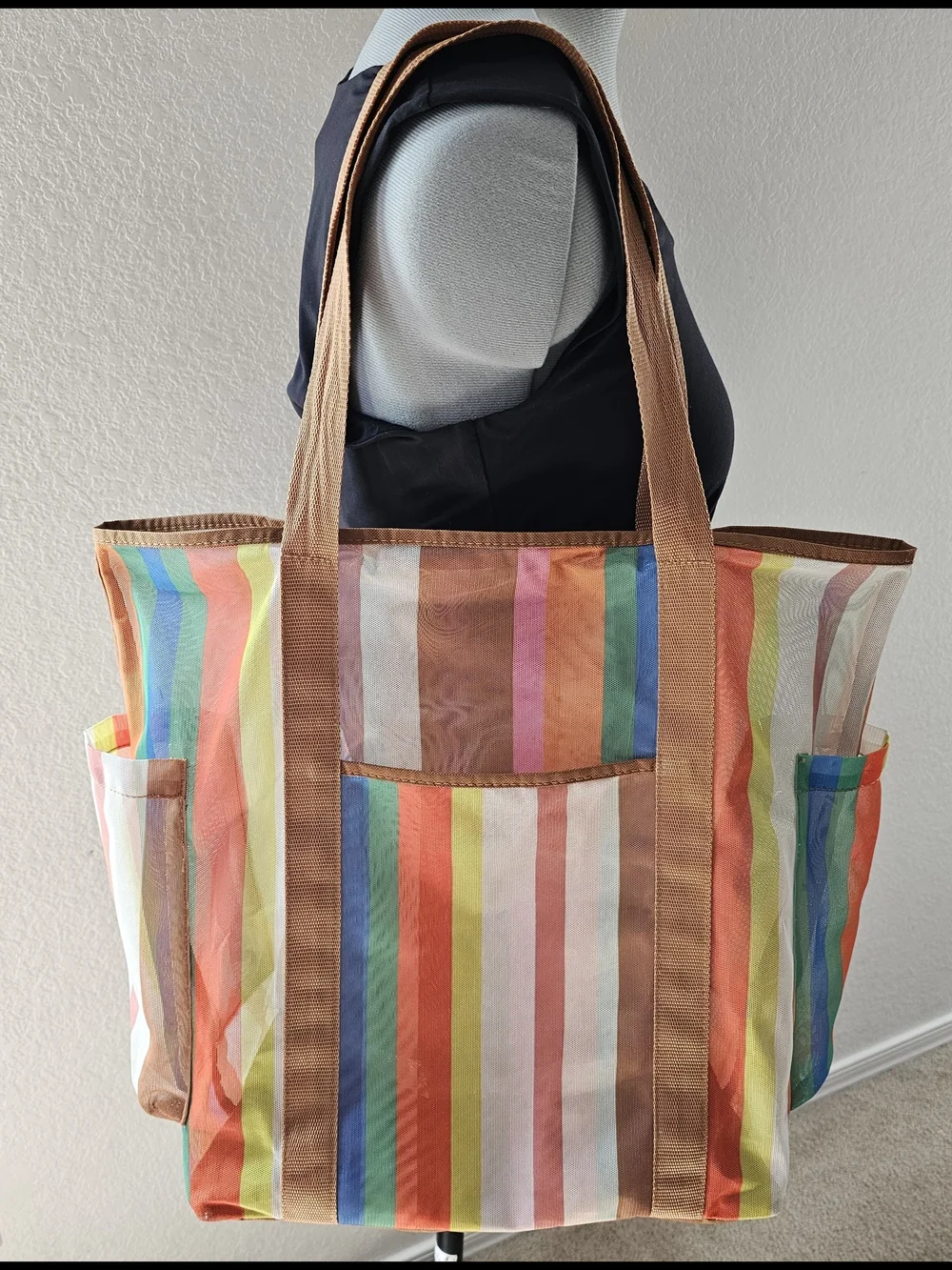 Striped Multicolor Beach Tote Bag with Brown Straps